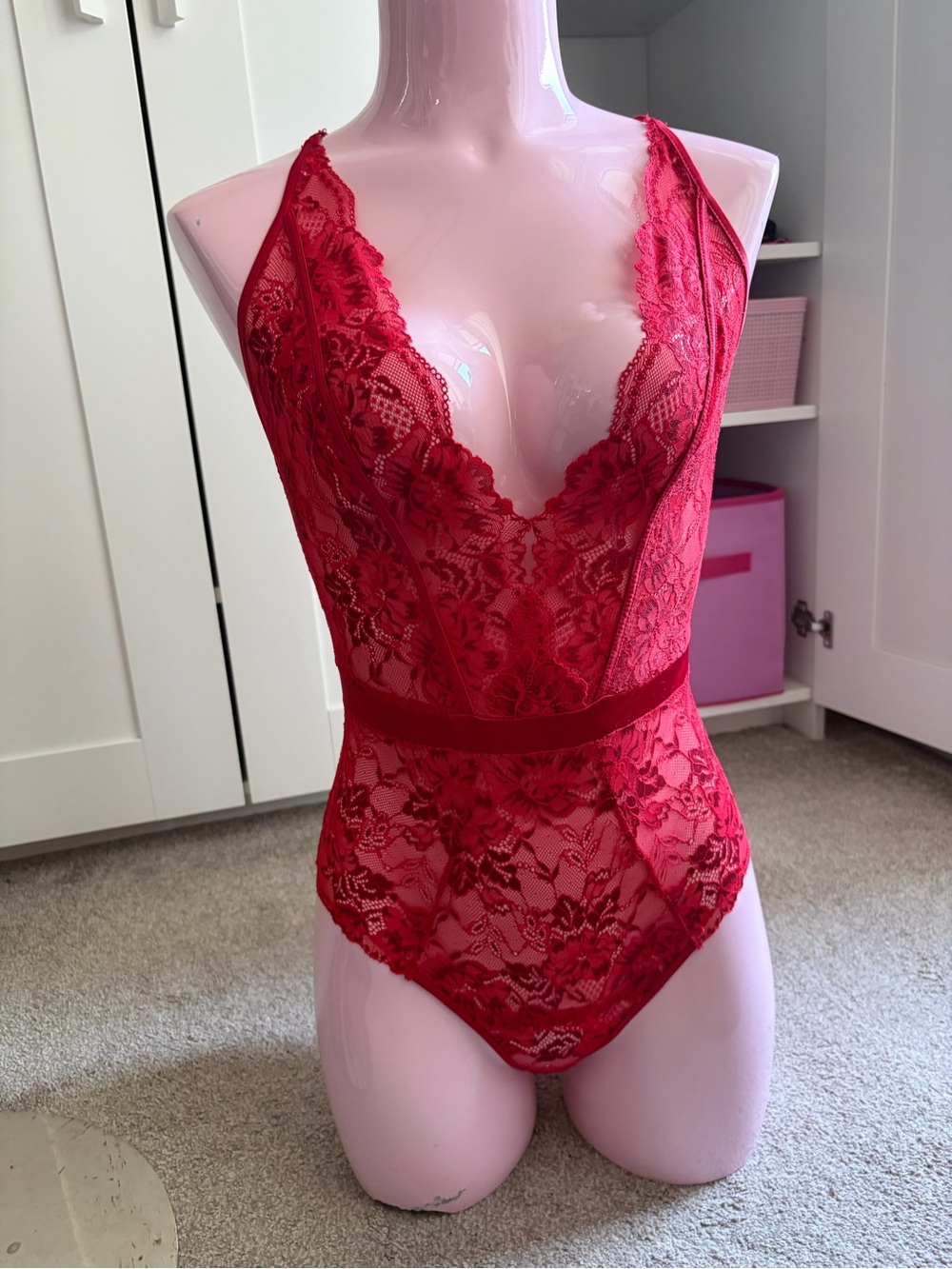 La Vie En Rose Red Lace Plunge Bodysuit